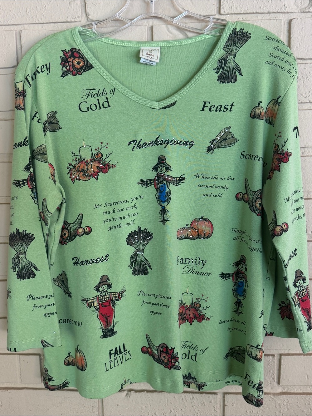 Jess and Jane Women's Size L Thanksgiving Autumn Bling USA Cotton Top Blouse